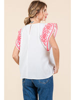 Embroidered Flutter Sleeve Top
