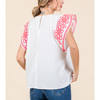 Embroidered Flutter Sleeve Top