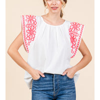Embroidered Flutter Sleeve Top