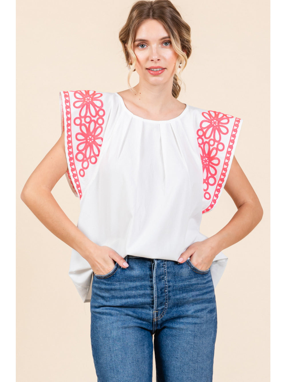 Embroidered Flutter Sleeve Top