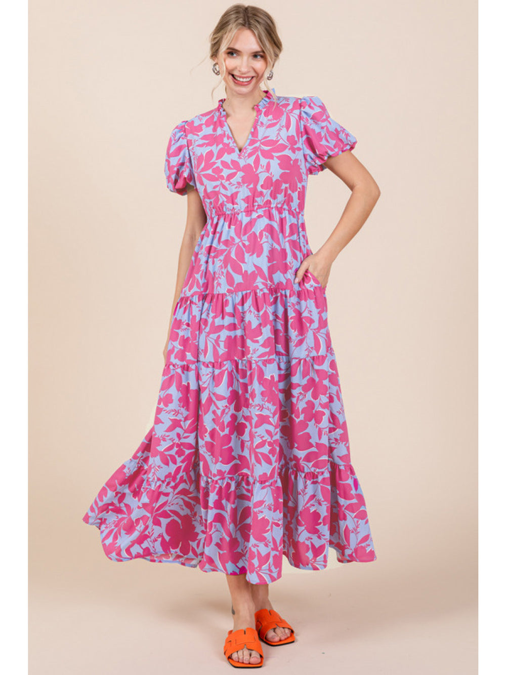 Short Sleeve Floral Print Midi Dress