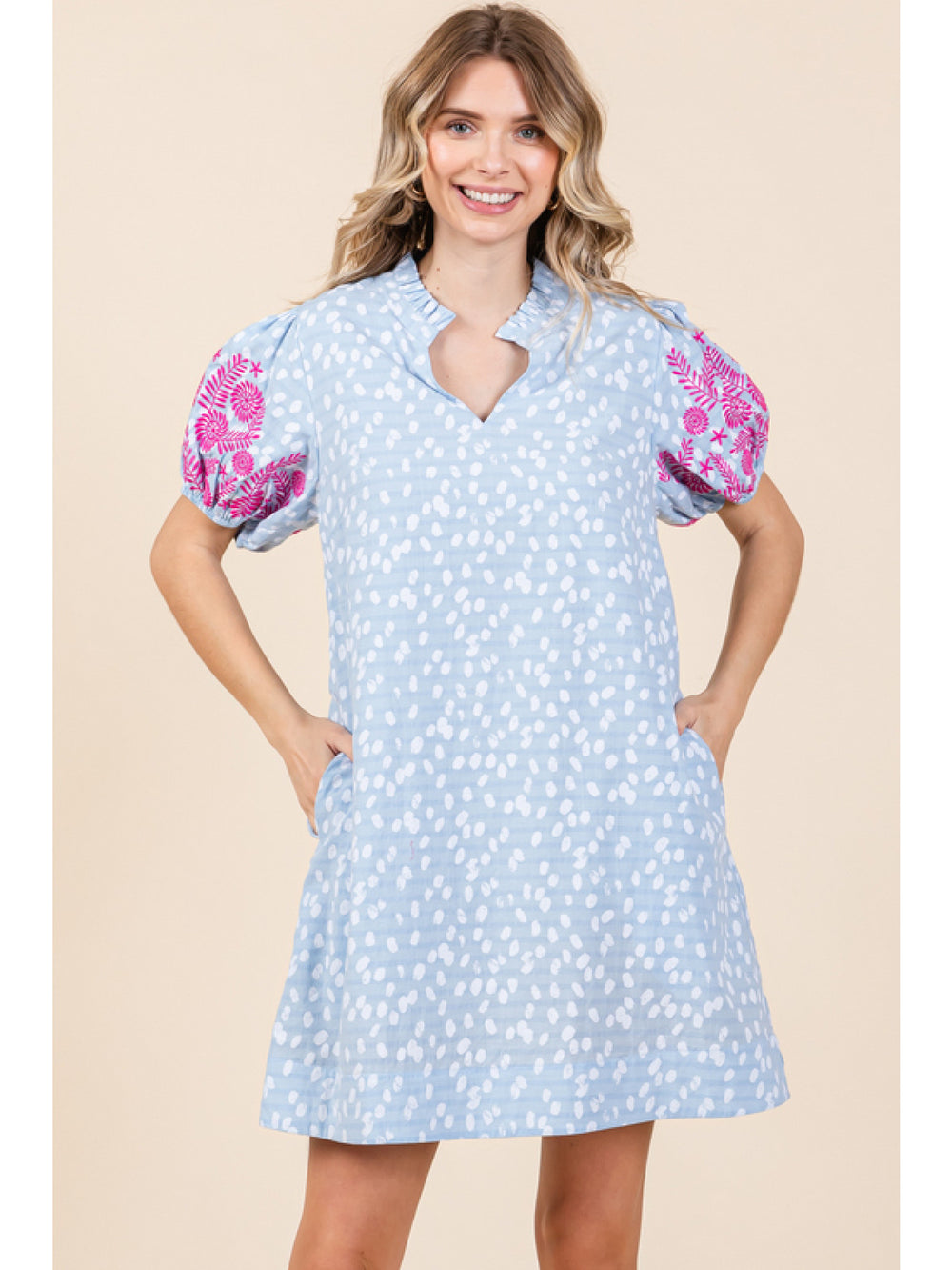 Embroidered Frilled Slit Neck Dress