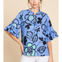 Denim Blue & Lime Floral Ruffle Sleeve Top