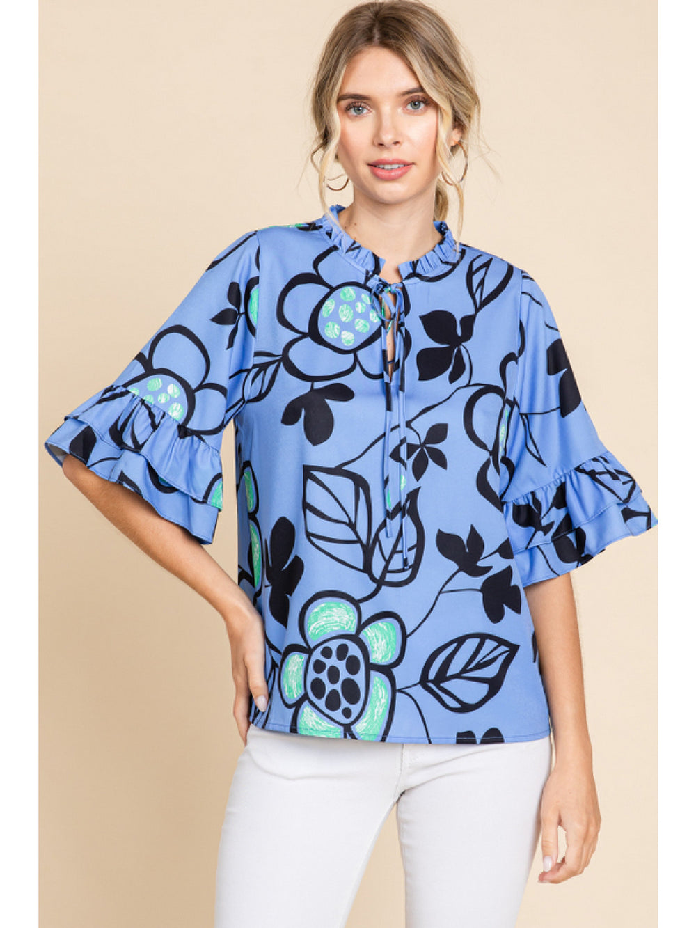 Denim Blue & Lime Floral Ruffle Sleeve Top