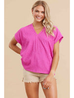 Textured V-neck Short Sleeve Dolman Top
