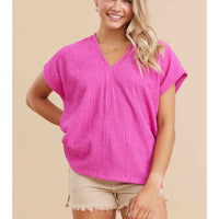 Textured V-neck Short Sleeve Dolman Top