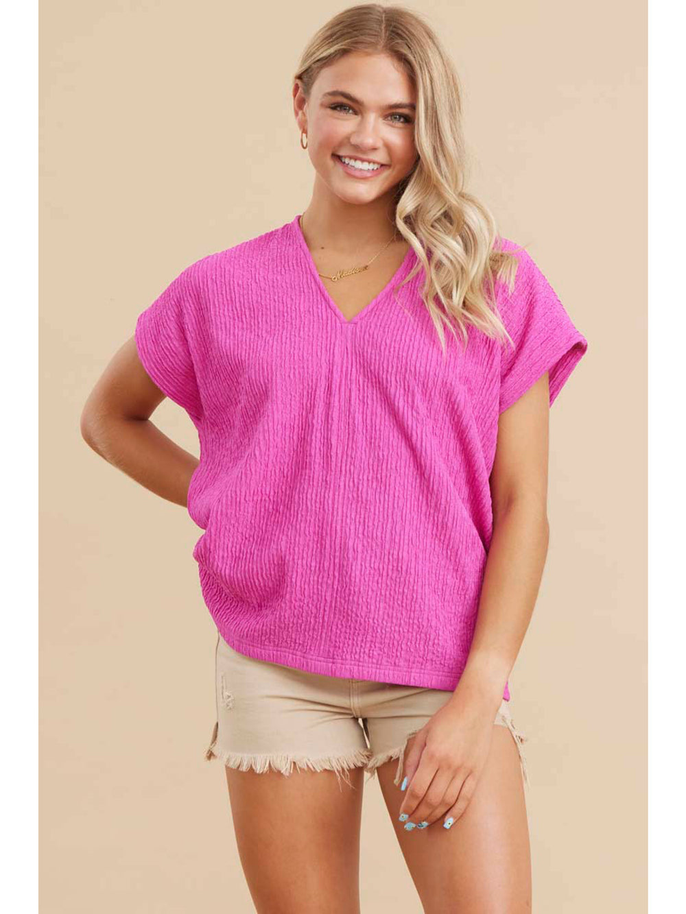 Textured V-neck Short Sleeve Dolman Top