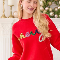 "Merry" Tinsel Letter Sweater RED