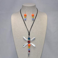 Brushed Metal and Bead Dragonfly Necklace & Earring Set