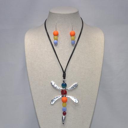 Brushed Metal and Bead Dragonfly Necklace & Earring Set