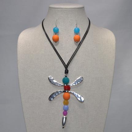 Beaded Dragonfly Earrings & Necklace Set
