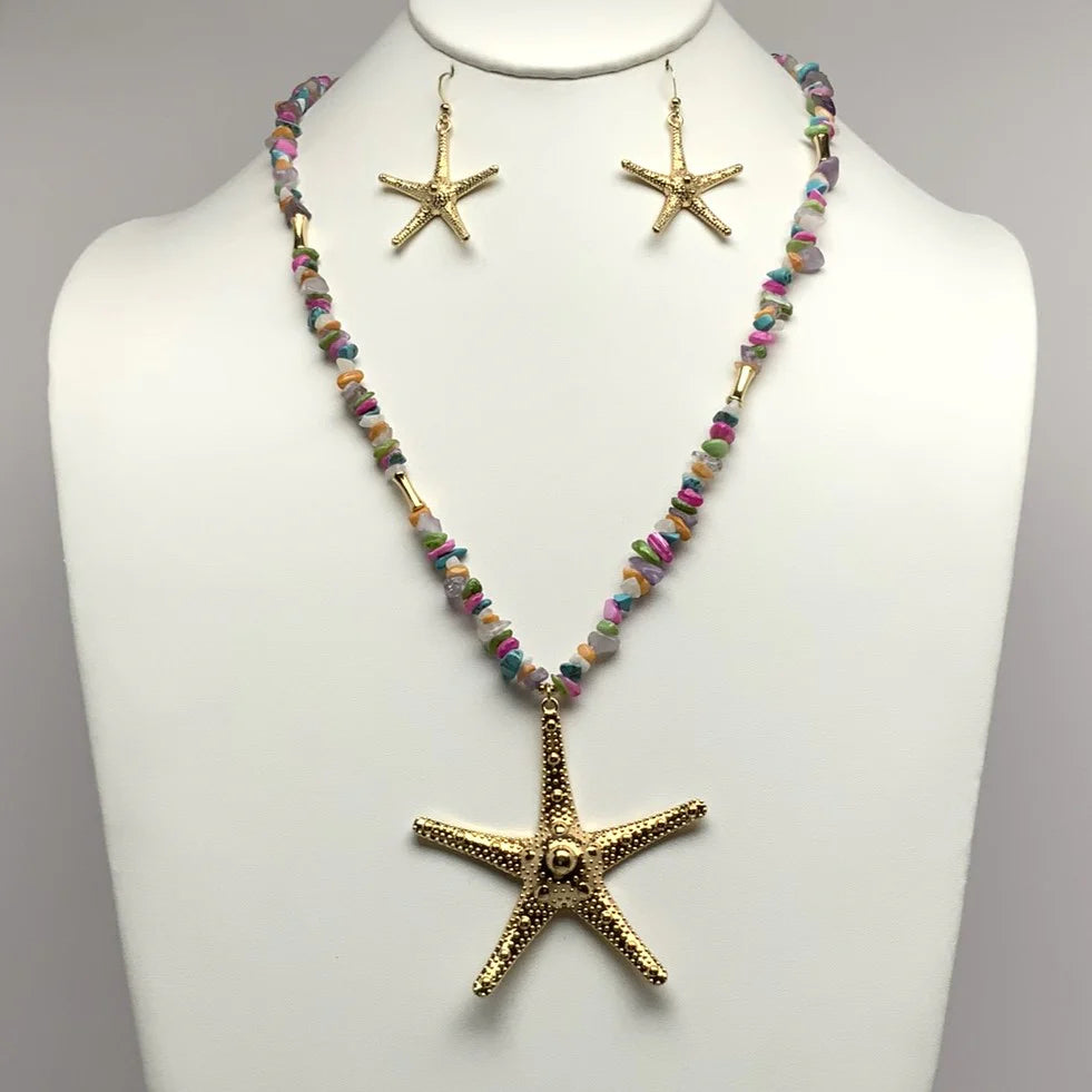 Textured Starfish Pendant Necklace and Earrings Set Earrings