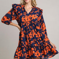 Tiered Floral Print 3/4 Sleeve Ruffle Dress