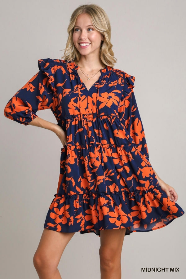 Tiered Floral Print 3/4 Sleeve Ruffle Dress