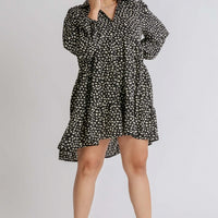 Black Patterned Long Puff Sleeve Babydoll Dress