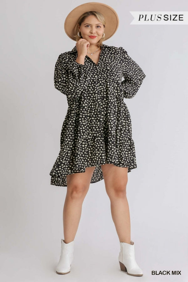 Black Patterned Long Puff Sleeve Babydoll Dress