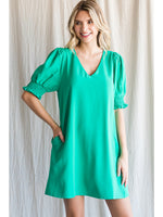 Smocked Sleeve V-Neck Dress
