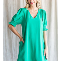 Smocked Sleeve V-Neck Dress