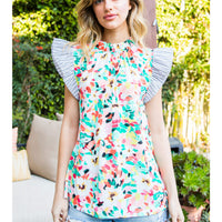 Floral & Stripe Ruffle Sleeve Top