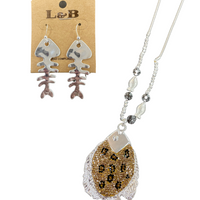 Silver Leopard Print Fish Necklace & Earrings Set