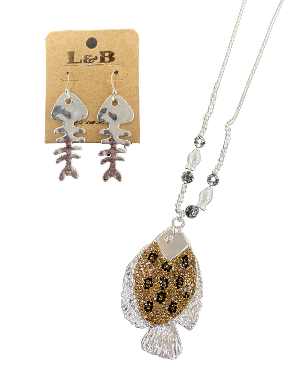 Silver Leopard Print Fish Necklace & Earrings Set